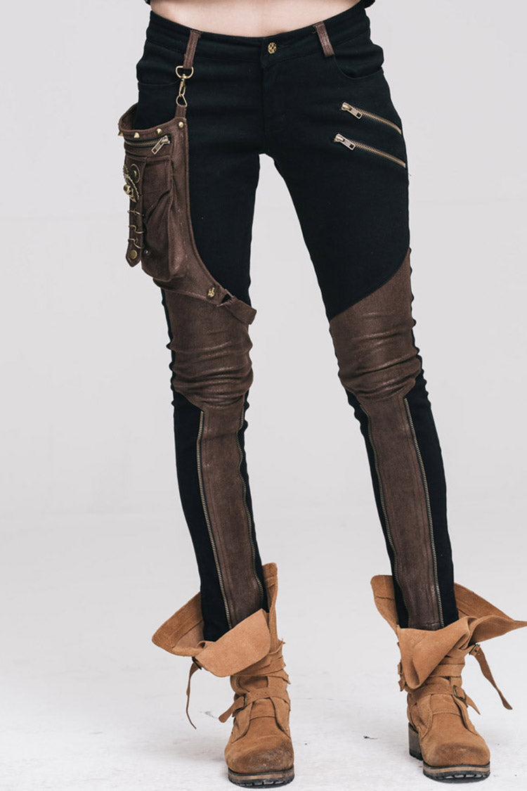 Punk Black Metal Ring Decoration Brown Leg Bag Twill Women's Pants - Product - 2