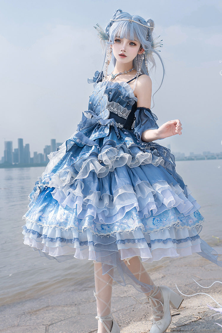 Blue [Jellyfish] Gradient Print Ruffle Embroidery Bowknot Lace Asymmetric Sweet Elegant Lolita Jsk Dress - Product - 6