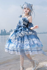 Blue [Jellyfish] Gradient Print Ruffle Embroidery Bowknot Lace Asymmetric Sweet Elegant Lolita Jsk Dress - Product - 6