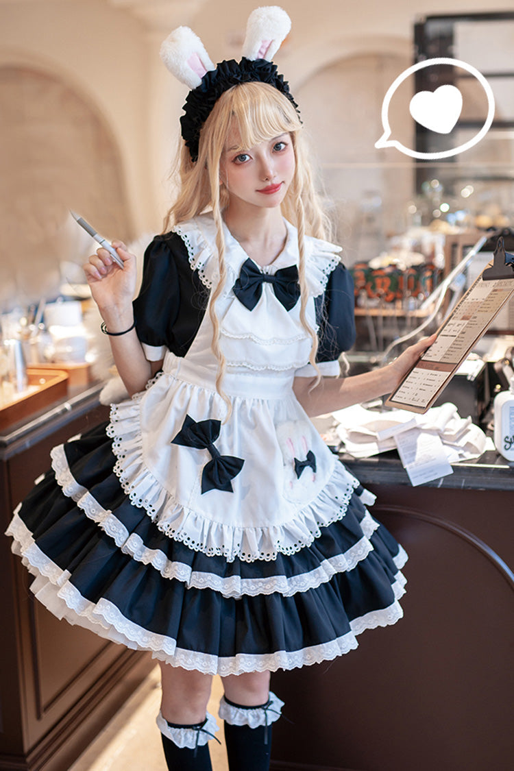Sweet Maid Short Sleeves Double-Layered Ruffle Bowknot Lolita Dress 2 Colors - Black/White - 1