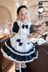 Sweet Maid Short Sleeves Double-Layered Ruffle Bowknot Lolita Dress 2 Colors - Black/White - 1