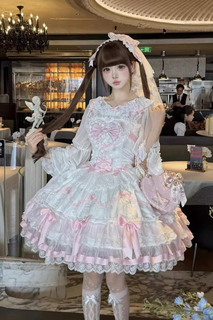 Pink/White Scarlet Heart Cocoa Sleeveless Triple-Layered Ruffle Embroidery Bowknot Lace Sweet (Dress Only) detail view 7
