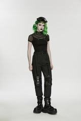 Black Stand Collar Short Sleeves Zippered Women's Punk Rivets&Eyelets T-Shirt - Product - 10