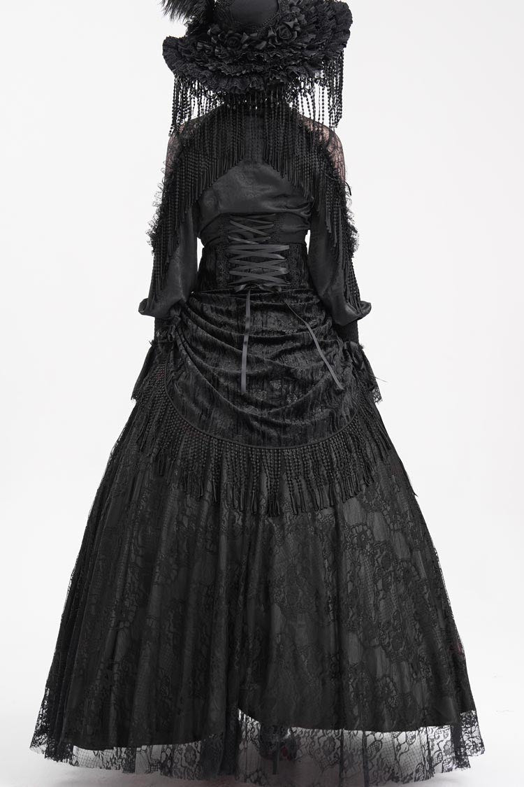 Black Print Embroidery Tassels Buckle-up Lace-Up Women's Gothic Long Skirt - Product - 6