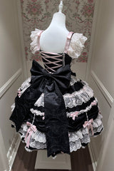 Black/Pink [Silk Satin Gift Box] Square Collar Sleeveless Multi-Layered Ruffled Bow Lace Sweet Lolita Jsk Dress - Product - 3