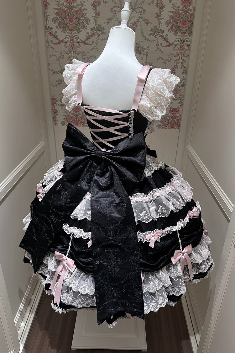 Black/Pink [Silk Satin Gift Box] Square Collar Sleeveless Multi-Layered Ruffled Bow Lace Sweet Lolita Jsk Dress - Product - 3