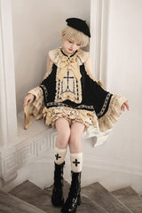 Black/Gold [Saint Child of the Cross] Round Collar Off Shoulder Long Trumpet Sleeves Ruffled Bow Gothic College Style Ouji Lolita Set - Product - 4