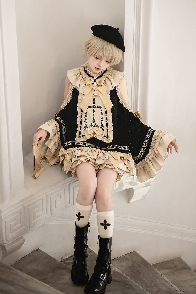 Black/Gold [Saint Child of the Cross] Round Collar Off Shoulder Long Trumpet Sleeves Ruffled Bow Gothic College Style Ouji Lolita Set - Product - 4