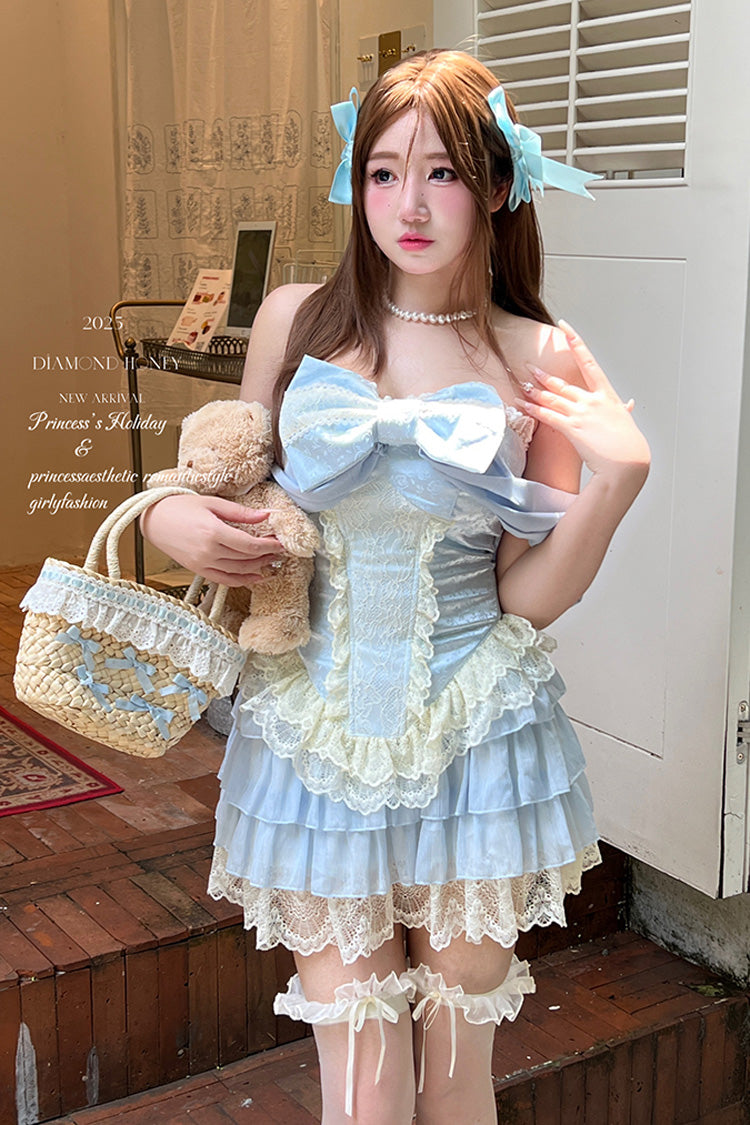 Blue [Antique Girl] Sleeveless Double-Layered Ruffle Bowknot Lace Sweet Lolita Two-piece Skirt Set - Product - 5