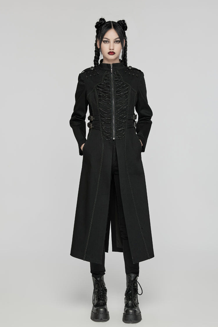 Black Stand Collar Chain Zipper Long Sleeves Women's Gothic Long Coat - Product - 4