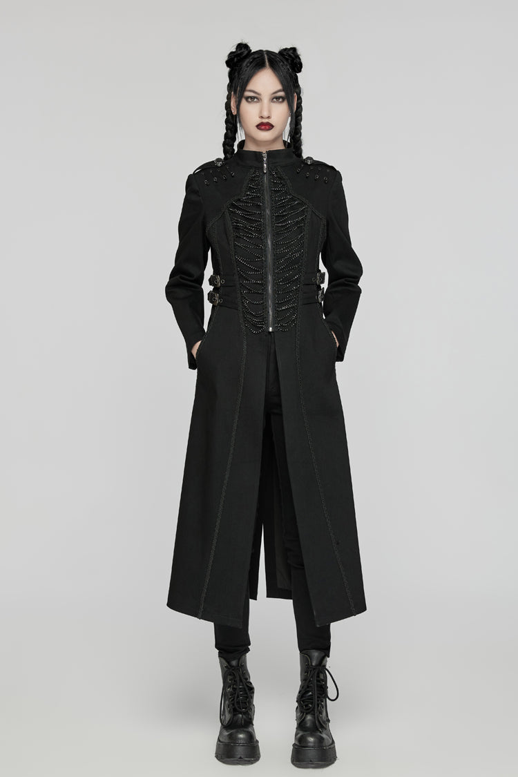 Black Stand Collar Chain Zipper Long Sleeves Women's Gothic Long Coat - Product - 4