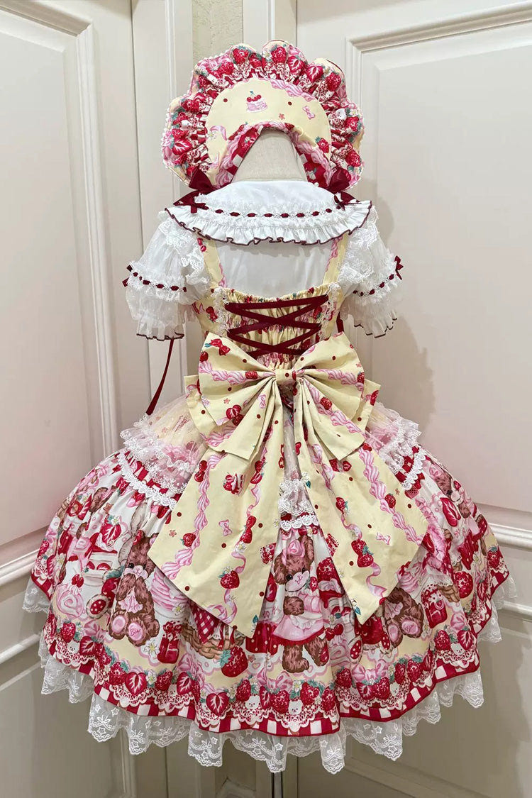 Red/Yellow [Sweet Berry Bunny Bear] Printed Bow Lace Lace-Up Sweet Lolita Jsk Dress - Product - 2