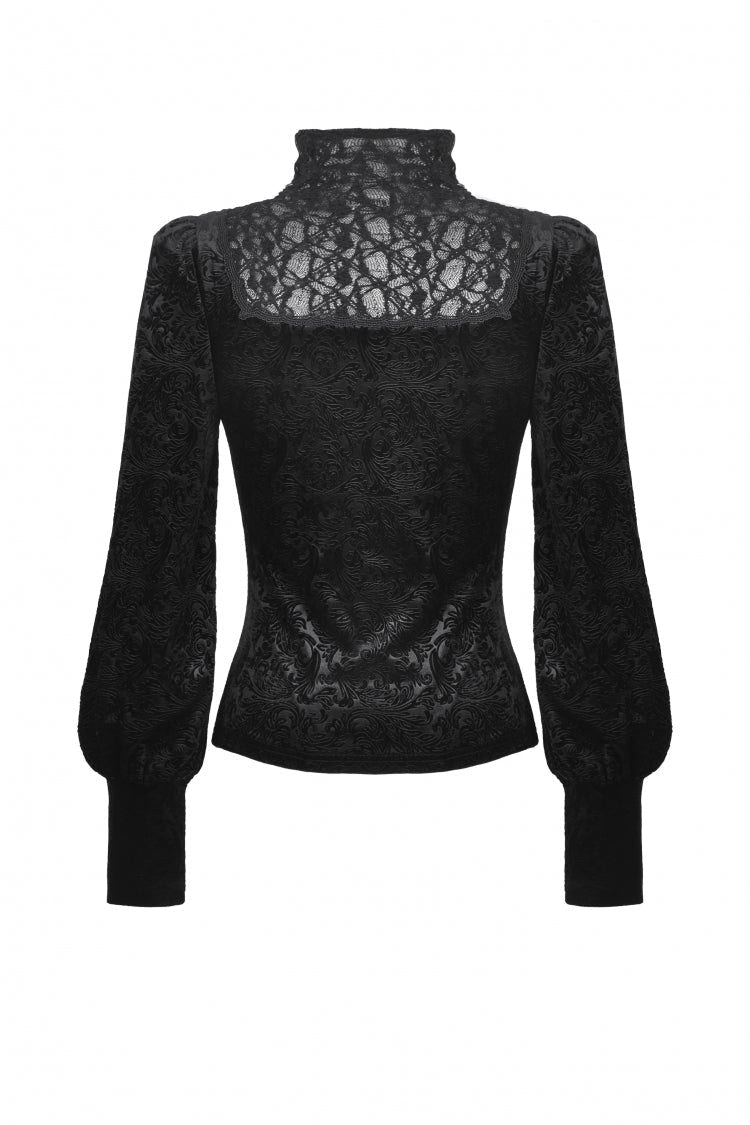 Black Ruffled Turtleneck Bishop Long Sleeves Floral Lace Patchwork Velvet Women's Gothic Blouse - Product - 14