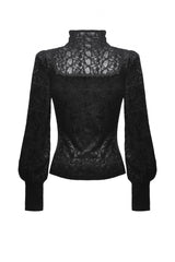 Black Ruffled Turtleneck Bishop Long Sleeves Floral Lace Patchwork Velvet Women's Gothic Blouse - Product - 14
