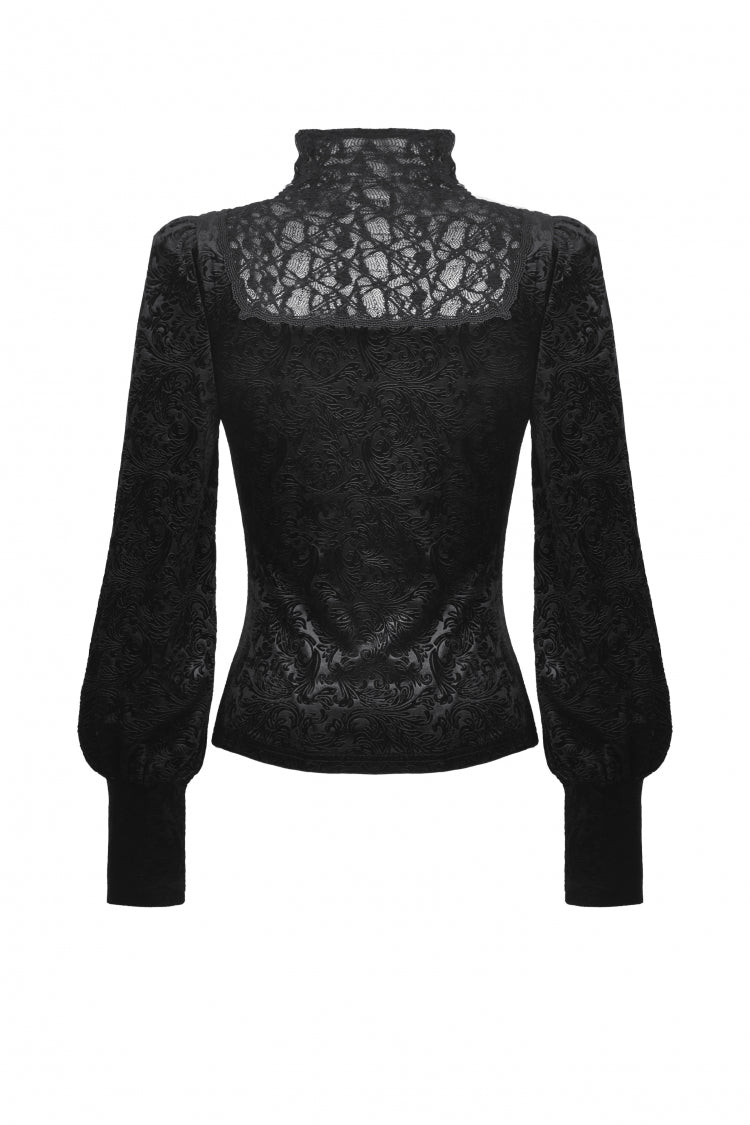 Black Ruffled Turtleneck Bishop Long Sleeves Floral Lace Patchwork Velvet Women's Gothic Blouse - Product - 14