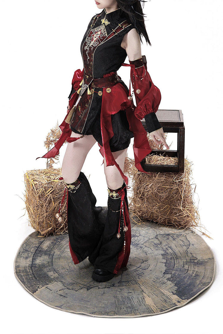 Black/Red [Demon Hunter] Stand Collar Sleeveless Embroidered Gothic Chinese Inspired Cool Ouji Hanfu Set - Product - 3