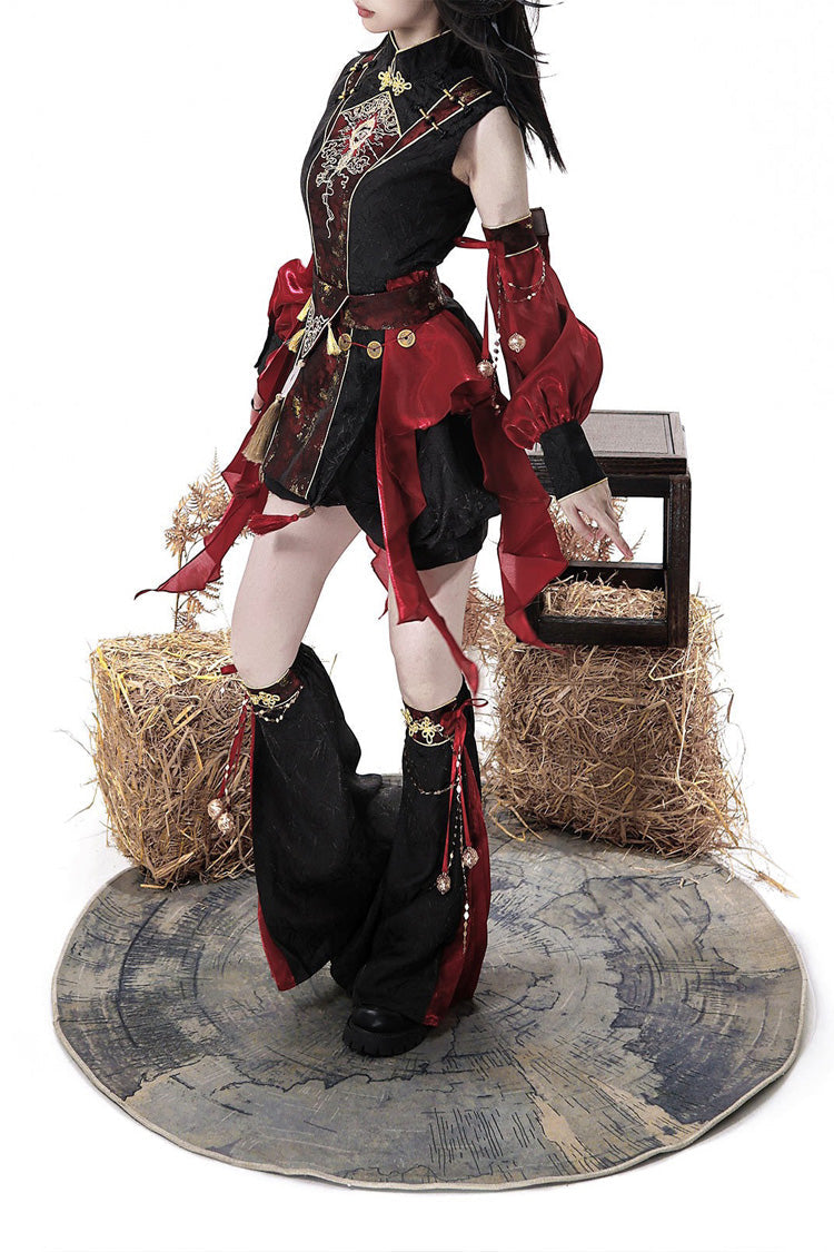 Black/Red [Demon Hunter] Stand Collar Sleeveless Embroidered Gothic Chinese Inspired Cool Ouji Hanfu Set - Product - 3