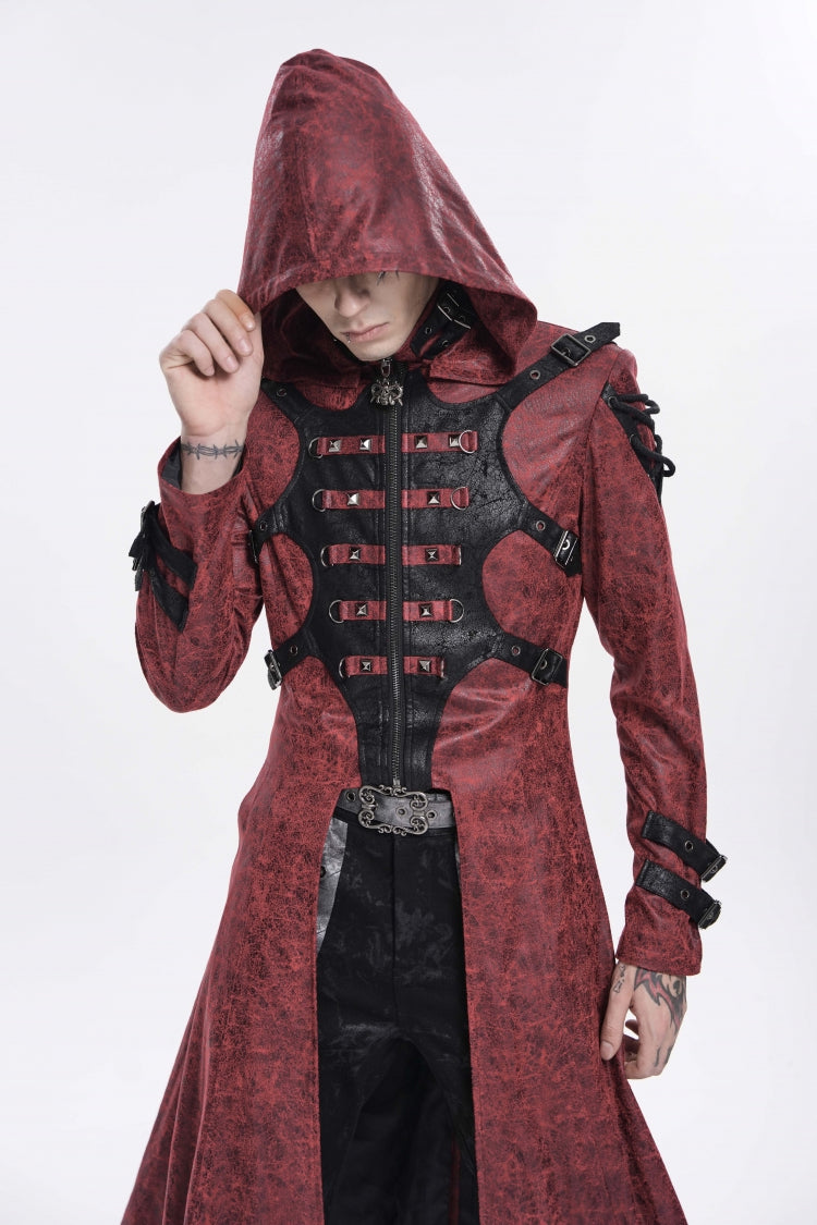 Red Stand Collar Long Sleeves Printed Spliced Studded Buckled Zippered Eyelet Men's Punk Cool Hooded Jacket - Product - 7