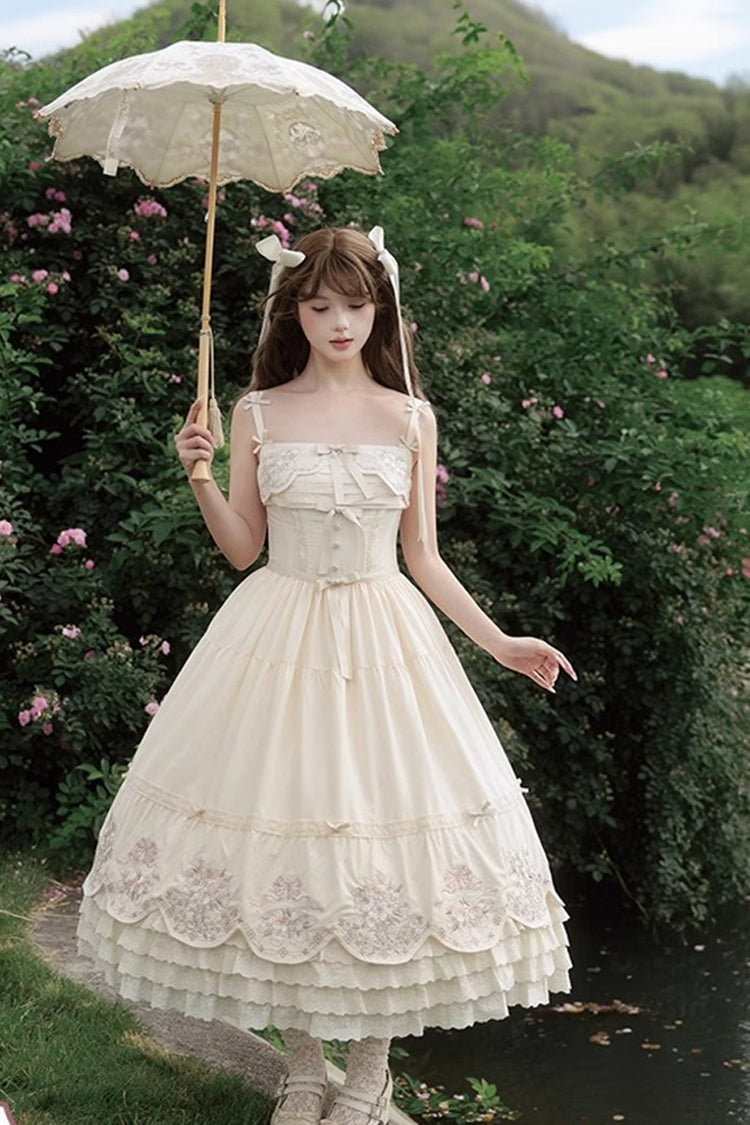 Apricot [Fantasy Butterfly] Triple-Layered Ruffle Embroidery Bowknot Lace Sweet Princess Lolita Jsk Dress - Product - 12