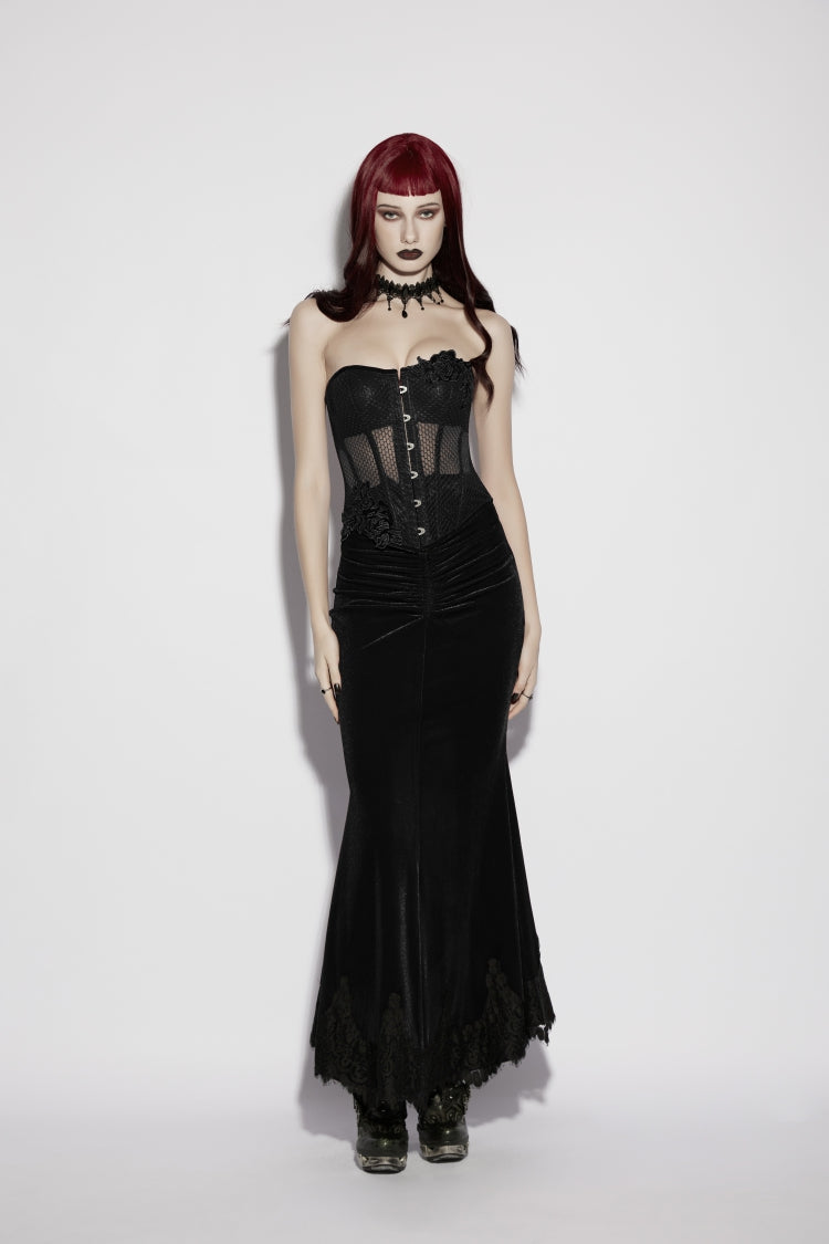 Black Embroidered Lace Lace-Up Slim Sheer Strappy Women's Gothic Corset - Product - 6