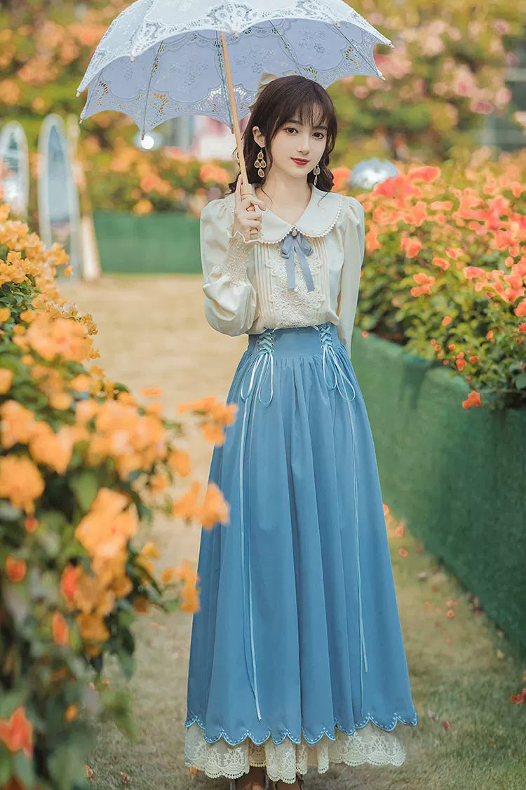 Blue Lapel Collar Long Sleeves High Waisted Lace-Up Wave Hem Classic Lolita Two-Piece Skirt Set - Blue - 1