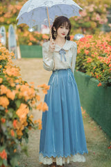 Blue Lapel Collar Long Sleeves High Waisted Lace-Up Wave Hem Classic Lolita Two-Piece Skirt Set - Blue - 1