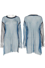Blue Punk Daily No Elasticity Mesh Buttonhole Decoration Perspective Women's T-Shirt - Product - 4