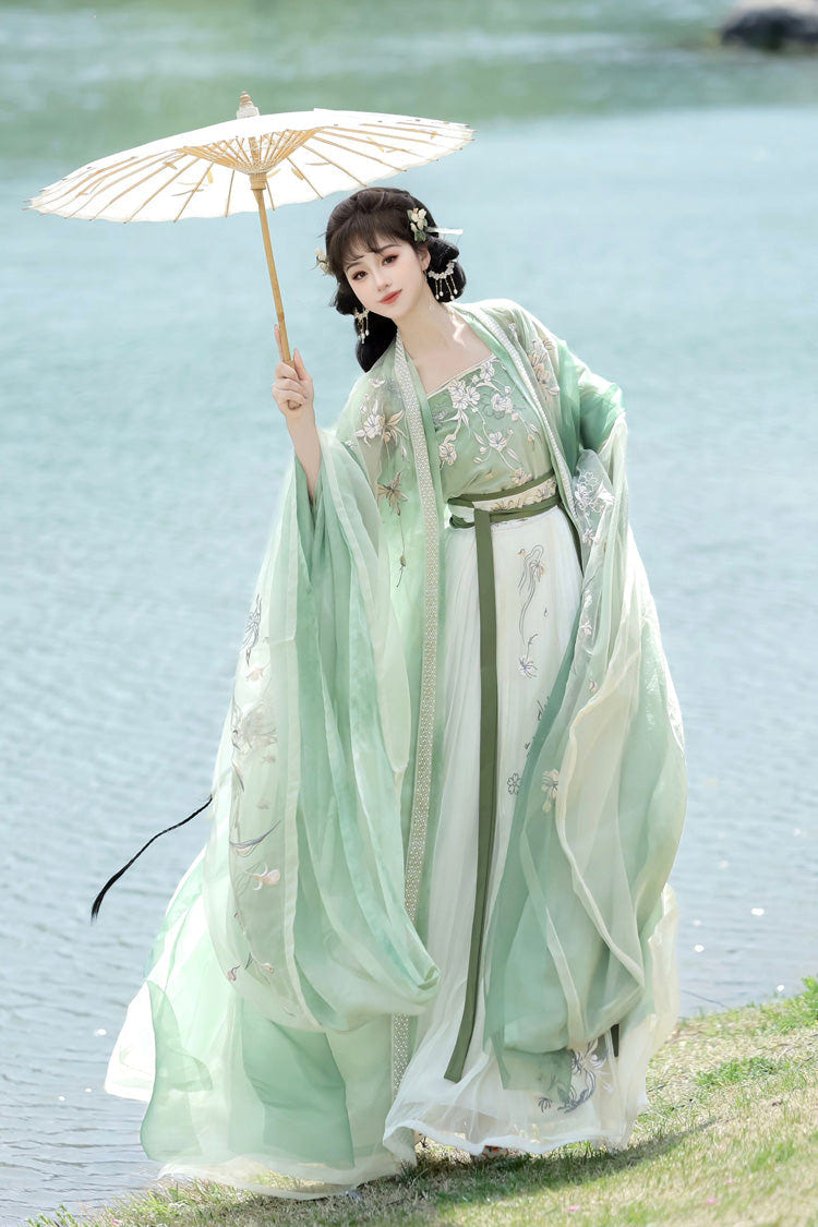 Green [Qingdie] Song Dynasty Ruffle Embroidery Sweet Chinese Style Hanfu Dress Full Set - Product - 4