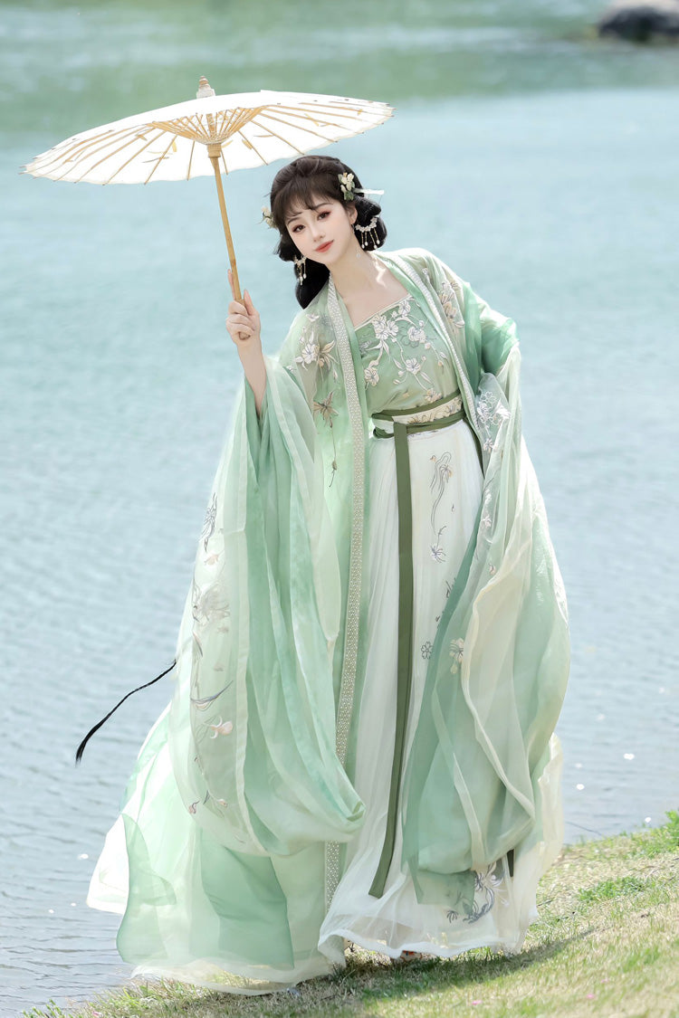 Green [Qingdie] Song Dynasty Ruffle Embroidery Sweet Chinese Style Hanfu Dress Full Set - Product - 4