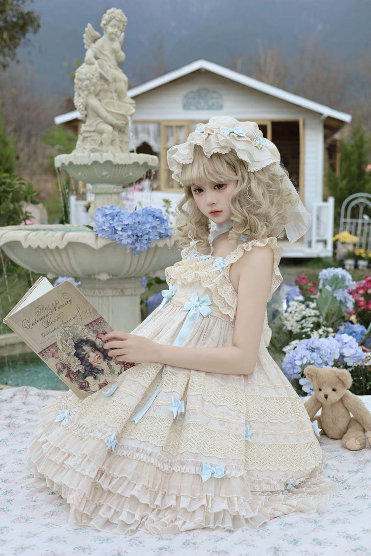Beige [Little Wind Chime] Sleeveless Multi-Layered Printed Ruffled Bow Lace Sweet Elegant Princess Lolita Jsk Dress - Product - 7