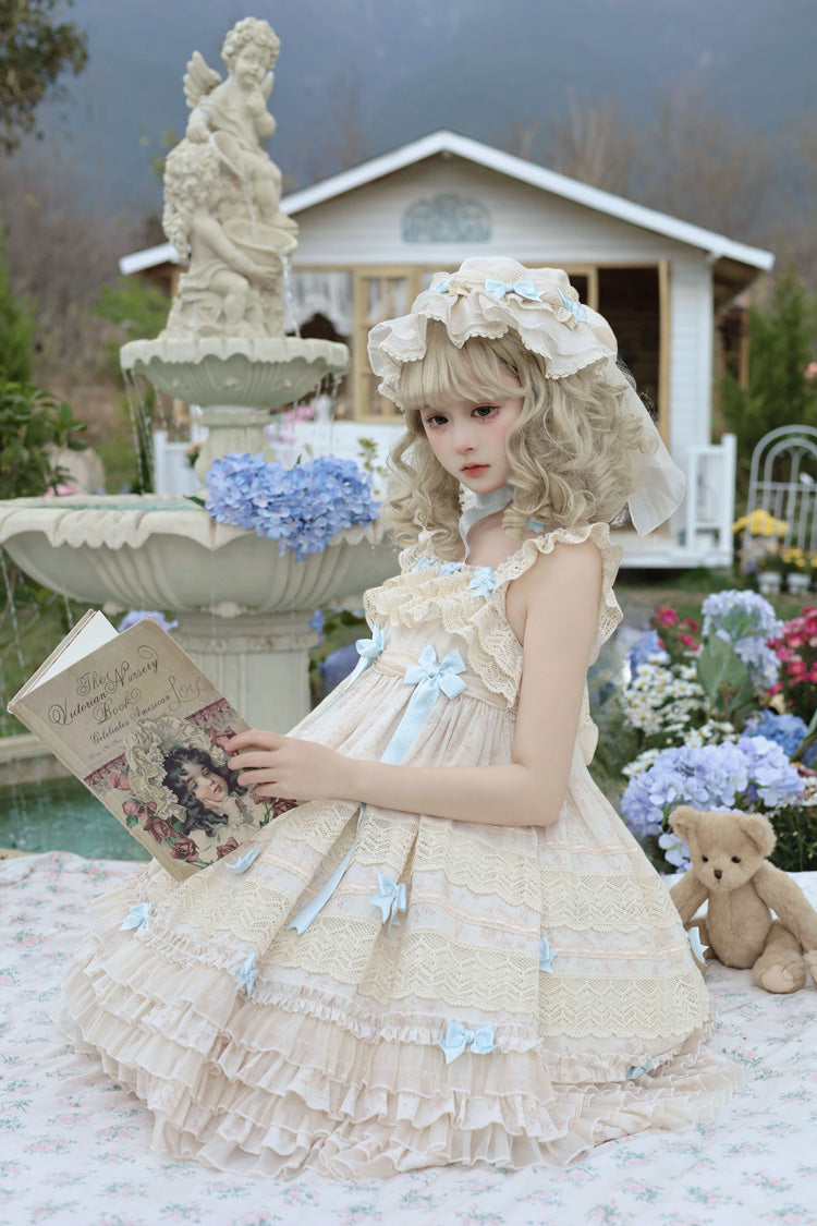 Beige [Little Wind Chime] Sleeveless Multi-Layered Printed Ruffled Bow Lace Sweet Elegant Princess Lolita Jsk Dress - Product - 7
