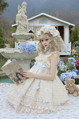 Beige [Little Wind Chime] Sleeveless Multi-Layered Printed Ruffled Bow Lace Sweet Elegant Princess Lolita Jsk Dress - Product - 7