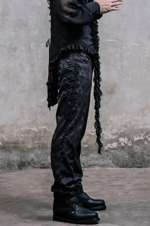 Black Side Discoid Flowers Back Waist Lace Up Gothic Jacquard Mens Pants - Product - 4