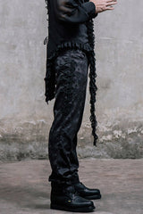 Black Side Discoid Flowers Back Waist Lace Up Gothic Jacquard Mens Pants - Product - 4