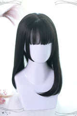 Natural Hair-tail Medium Long Straight Hair Classic Lolita Wigs - Black - 1