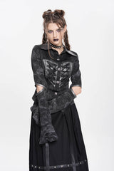 Black Lapel Collar Long Sleeves Print Lace-Up Cutout Women's Punk Blouse - Product - 2
