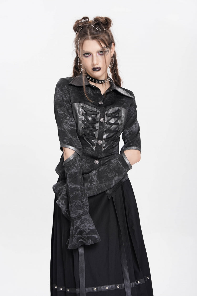 Black Lapel Collar Long Sleeves Print Lace-Up Cutout Women's Punk Blouse - Product - 2