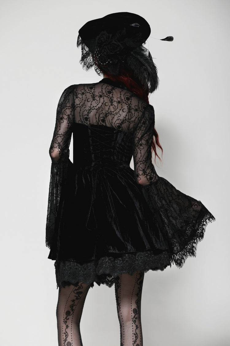 Black Lace Long Trumpet Puff Sleeves Floral Jacquard Cut-Out Lace-Up Women's Gothic Short Dress - Product - 6