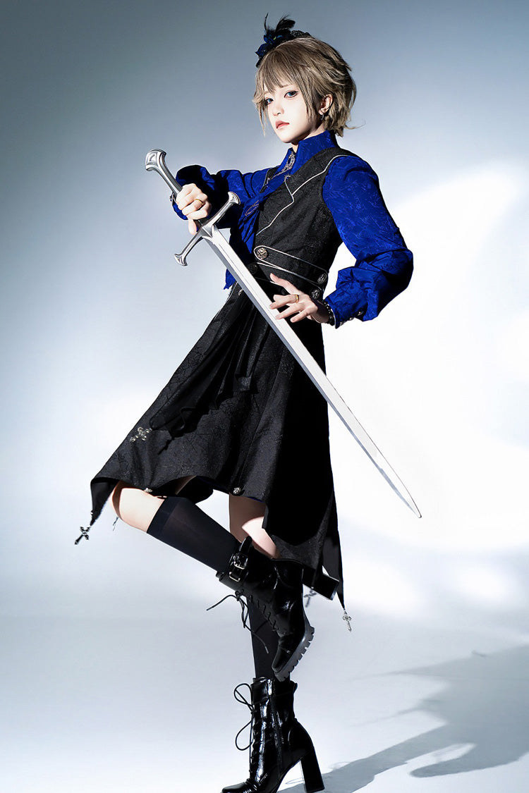 Black/Blue Courtly Knight-Style Long Sleeves Ruffle Embroidery Prince Ouji Lolita Set - Product - 8
