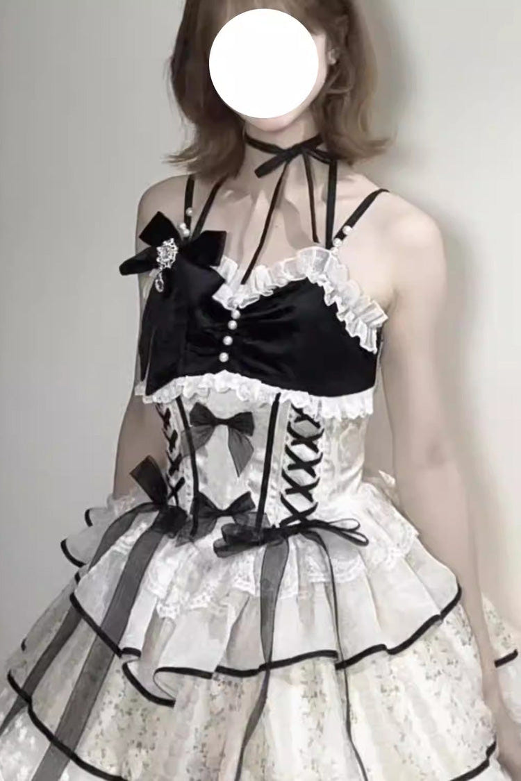 Black/Apricot [Holiday Ball] Sleeveless Multi-Layered Printed Ruffled Bow Lace Ballet Sweet Lolita Jsk Dress - Product - 4