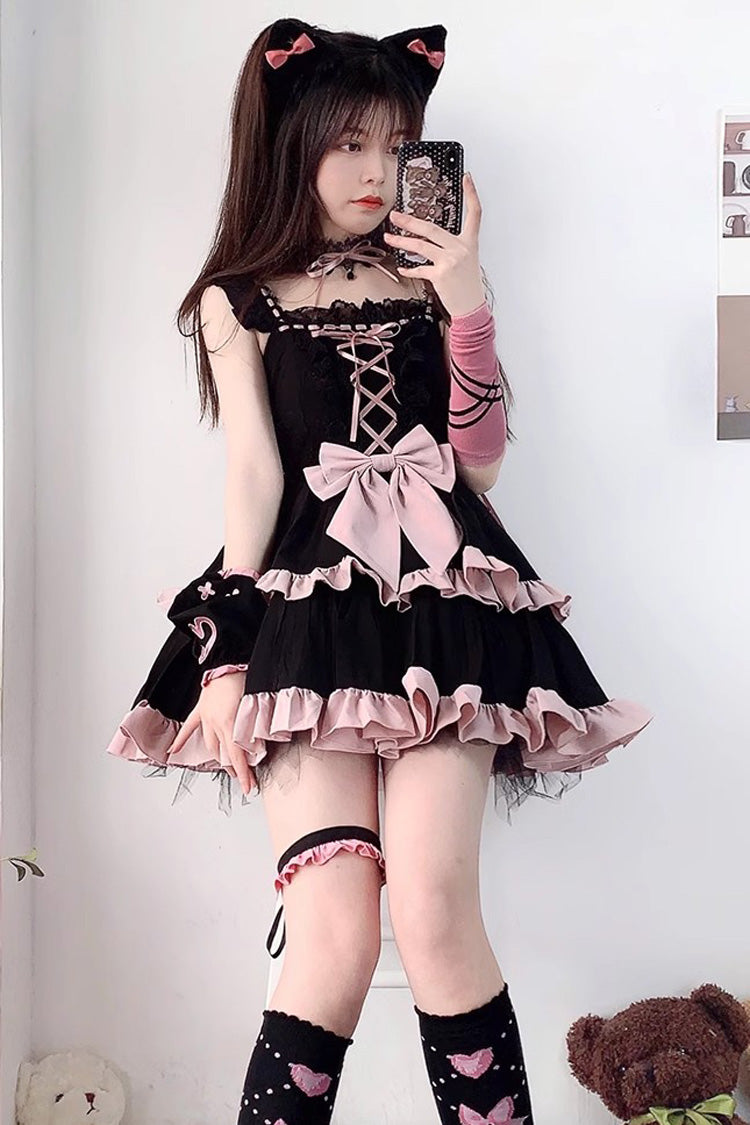 Black/Pink Double Layer Ruffle Bowknot Lace-Up Sweet Princess Lolita Jsk Dress - Product - 2