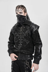 Black Faux Leather Stitching Buckle Zipper Straps Men's Punk Coat - Black - 1