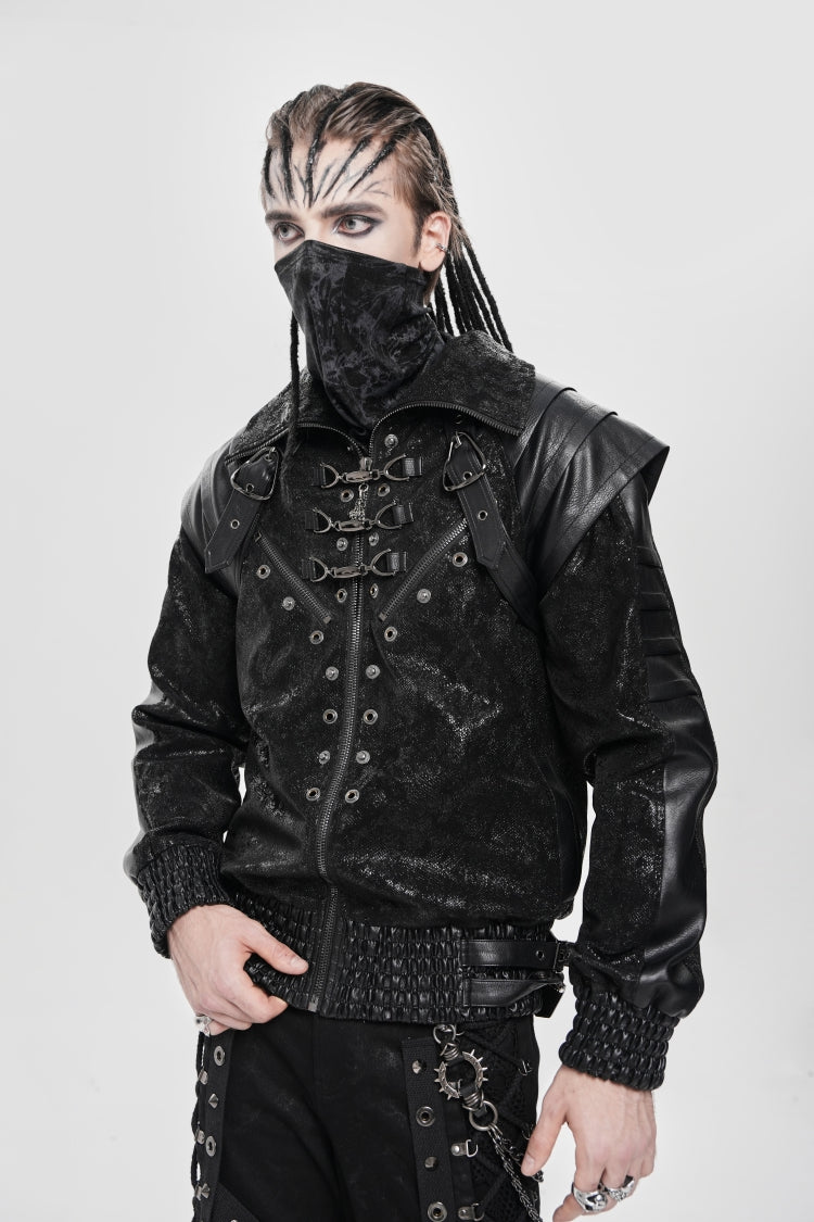 Black Faux Leather Stitching Buckle Zipper Straps Men's Punk Coat - Black - 1