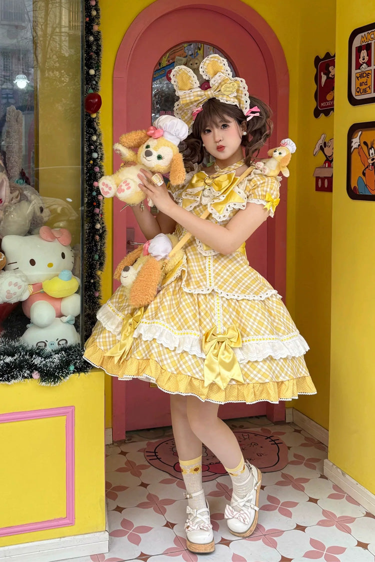 Yellow [Candy Cream Puff Strawberry Cake] Multi-Layered Printed Ruffled Bow Plus Size Sweet Princess Lolita Dress 2 Versions - Yellow(OP) - 4