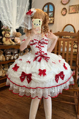 White/Red [Sweetheart] Sleeveless Multi-Layered Embroidered Bow Lace Lace-Up Sweet Lolita Jsk Dress - Product - 7