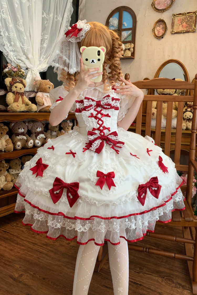 White/Red [Sweetheart] Sleeveless Multi-Layered Embroidered Bow Lace Lace-Up Sweet Lolita Jsk Dress - Product - 7