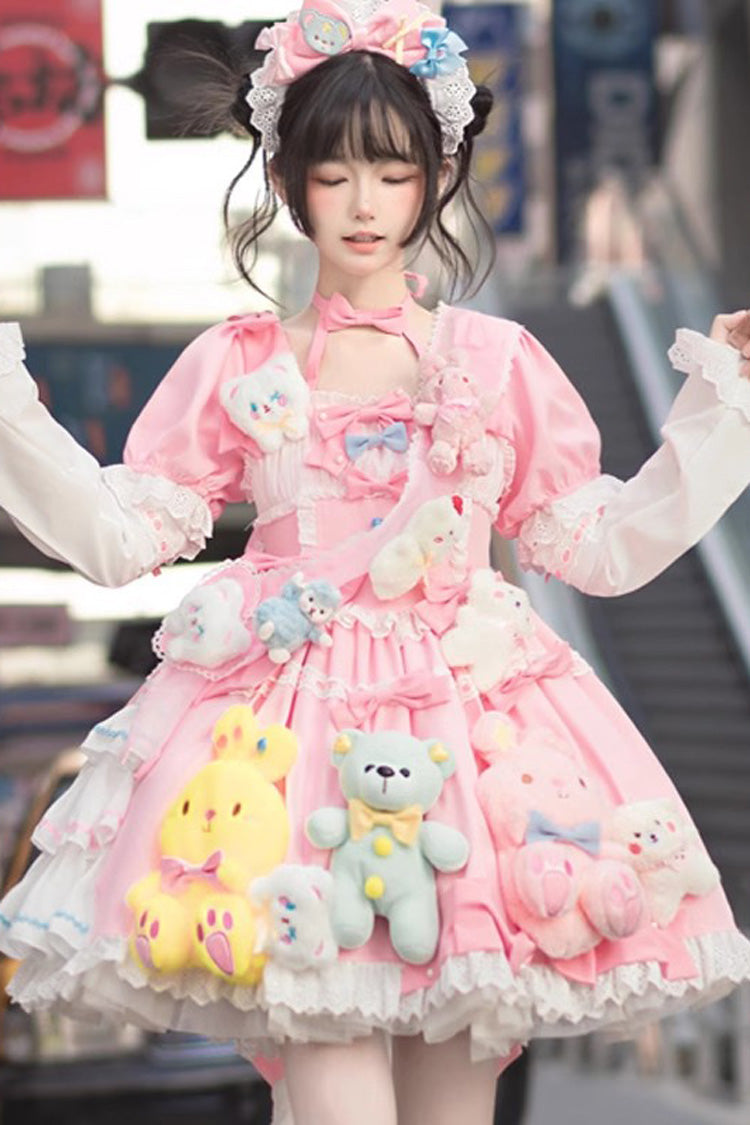 Pink Square Collar Print Doll Party Detachable Sleeves Ruffle Bowknot Sweet Princess Lolita Dress - Product - 2