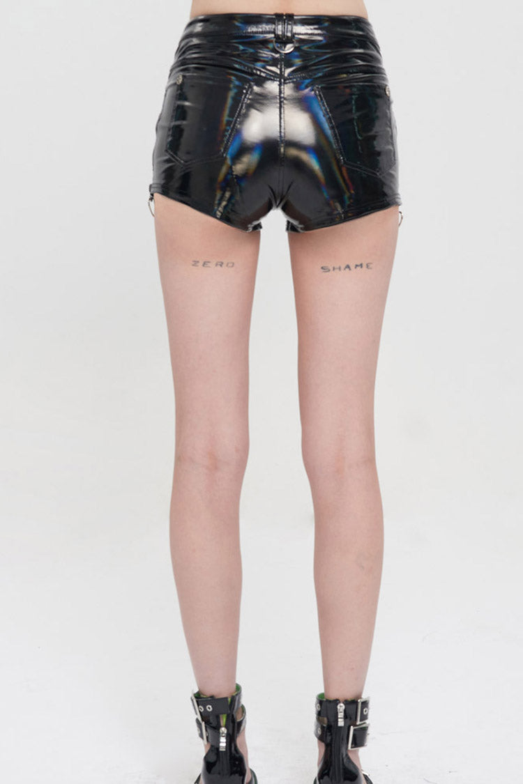 Black Punk Changing Mirror Leather Front Center And Side Metal Zippers Stretch Women's Shorts - Product - 7