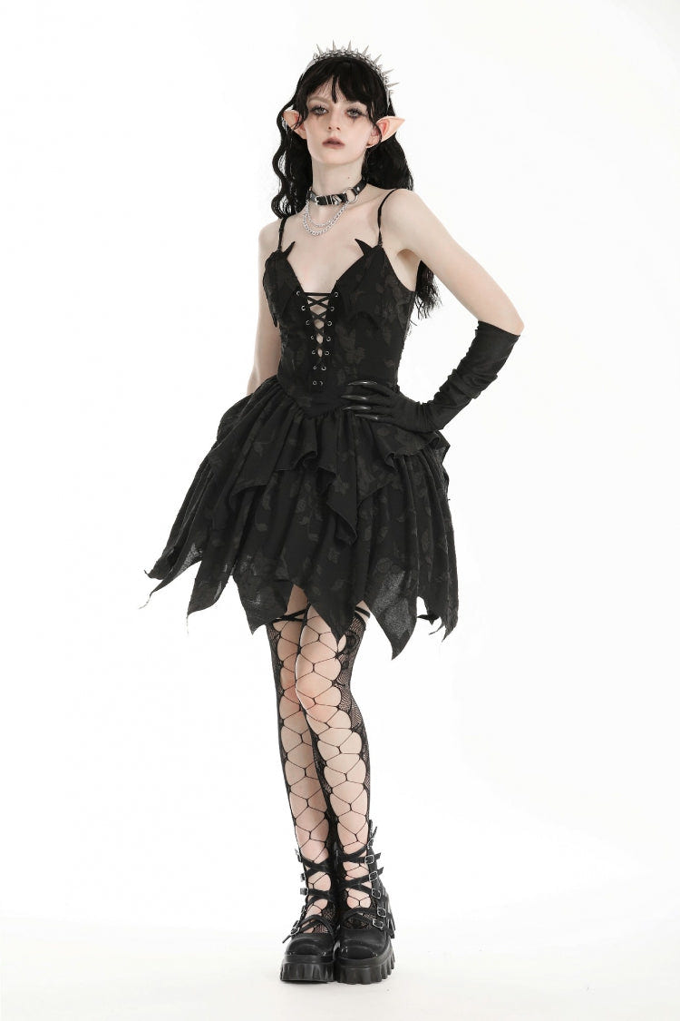 Black V Collar Sleeveless Halloween Printed Irregular Women's Gothic Slip Dress - Black - 1