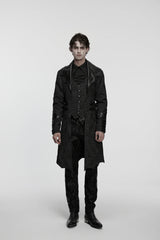 Black Lapel Collar Long Sleeves Jacquard Spliced Lace-Up Slim Buckled Men's Gothic Coat - Product - 4